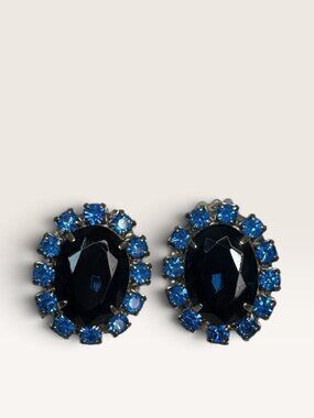 1950s Cobalt Navy Blue Glass Crystal Rhinestone Oval Clip Earrings 1.04" Vintage